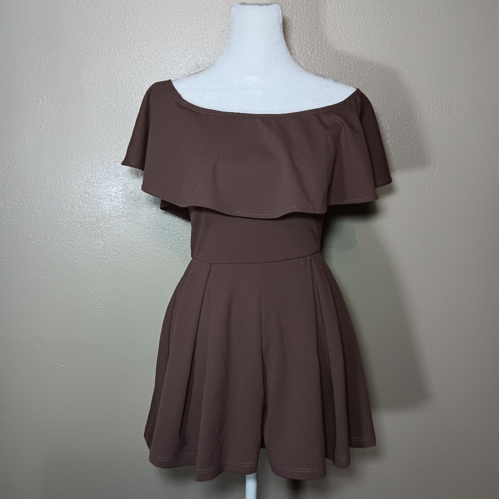 Brown Off Shoulder Romper By Dainty Hooligan Size Small, Short Shorts One Piece